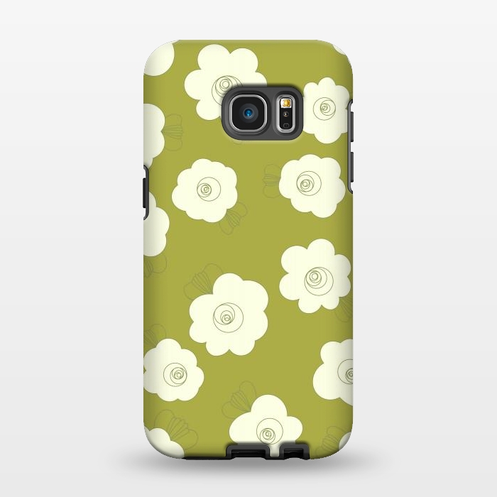 Galaxy S7 EDGE StrongFit Fluffy Flowers - White on Grass Green by Paula Ohreen