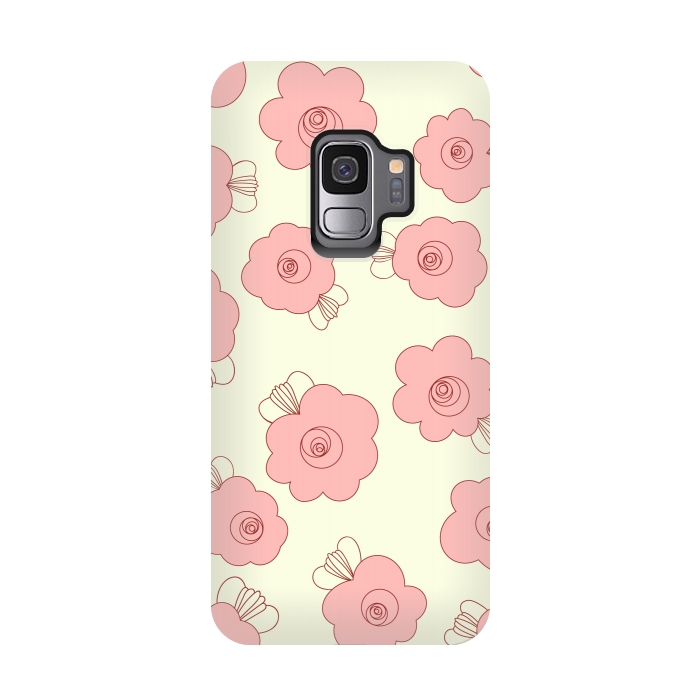 Galaxy S9 StrongFit Fluffy Flowers - Pink on Cream by Paula Ohreen
