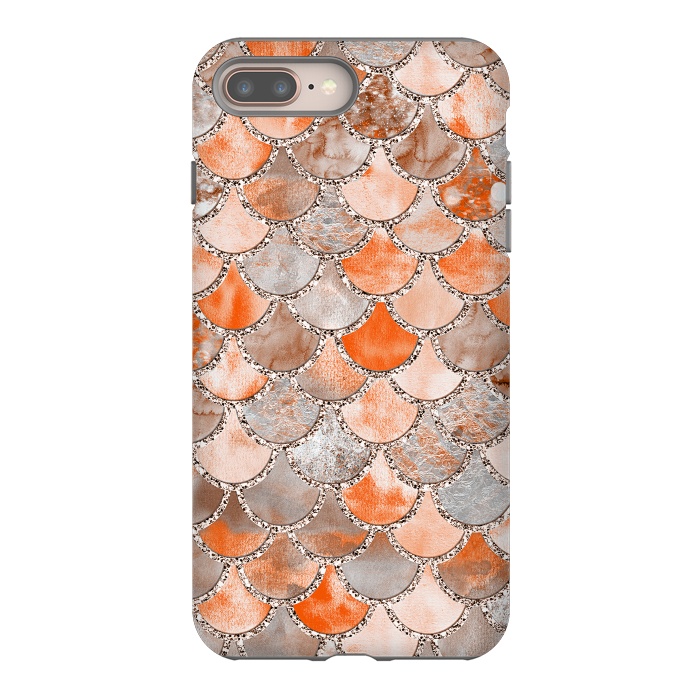 iPhone 7 plus StrongFit Salmon Peach and Silver Glitter WAtercolor Mermaid Scales by  Utart