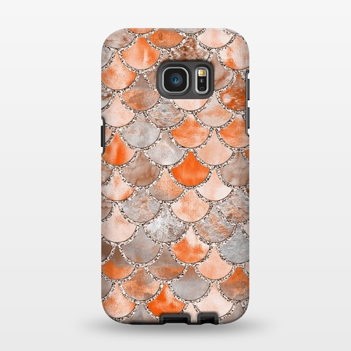 Galaxy S7 EDGE StrongFit Salmon Peach and Silver Glitter WAtercolor Mermaid Scales by  Utart