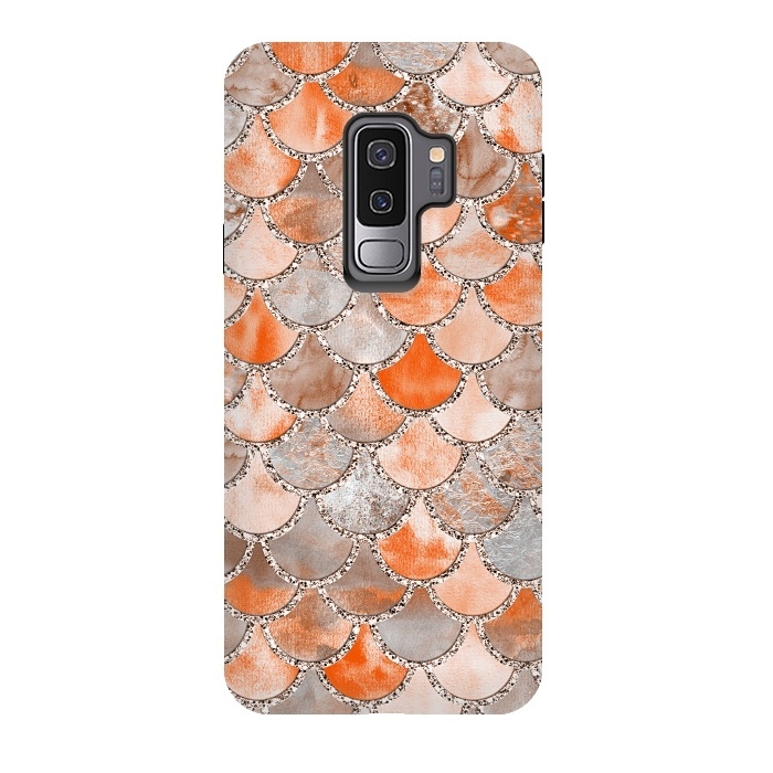Galaxy S9 plus StrongFit Salmon Peach and Silver Glitter WAtercolor Mermaid Scales by  Utart