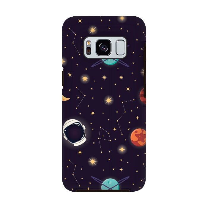Galaxy S8 StrongFit Universe with planets, stars and astronaut helmet seamless pattern, cosmos starry night sky, vector illustration by Jelena Obradovic