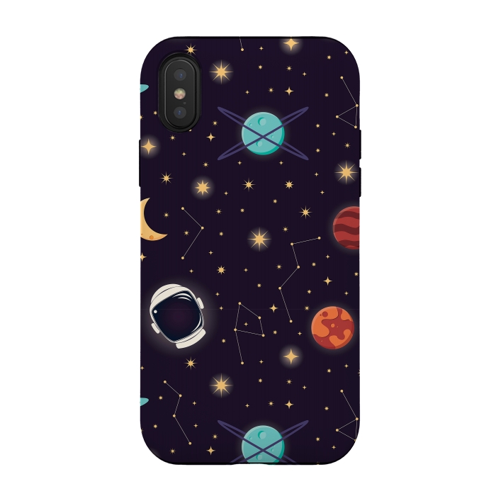 iPhone Xs / X StrongFit Universe with planets, stars and astronaut helmet seamless pattern, cosmos starry night sky, vector illustration by Jelena Obradovic
