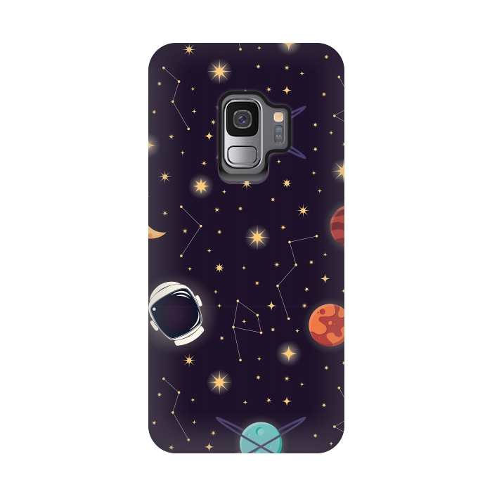 Galaxy S9 StrongFit Universe with planets, stars and astronaut helmet seamless pattern, cosmos starry night sky, vector illustration by Jelena Obradovic