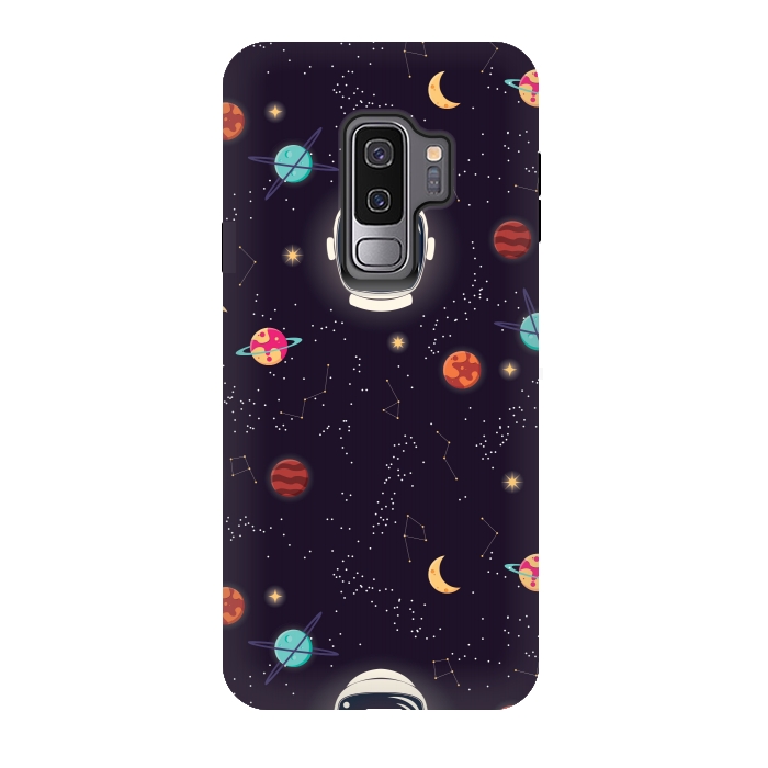Galaxy S9 plus StrongFit Universe with planets, stars and astronaut helmet seamless pattern, cosmos starry night sky by Jelena Obradovic