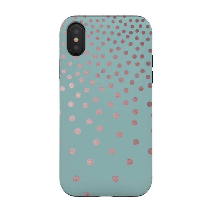 iPhone Xs / X StrongFit Shiny Rosegold Polka Dots On Teal by Andrea Haase