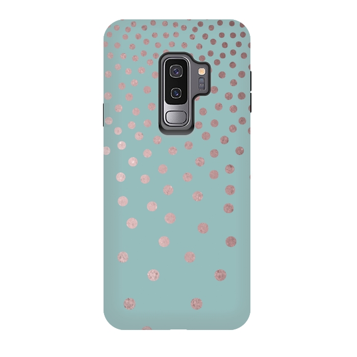 Galaxy S9 plus StrongFit Shiny Rosegold Polka Dots On Teal by Andrea Haase