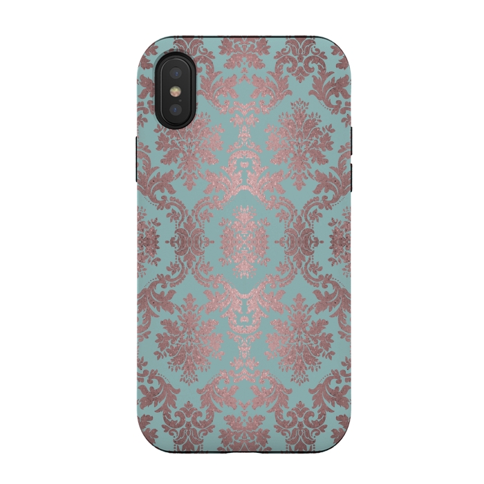 iPhone Xs / X StrongFit Rose Gold Teal Damask Pattern 2 by Andrea Haase