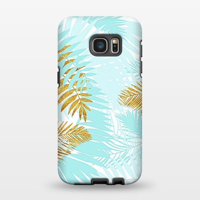 Galaxy S7 EDGE StrongFit Teal and Gold Palm Leaves by  Utart