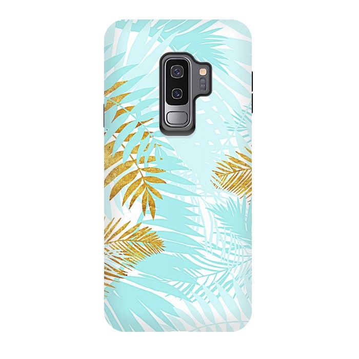 Galaxy S9 plus StrongFit Teal and Gold Palm Leaves by  Utart