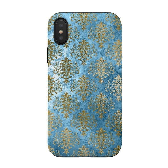 iPhone Xs / X StrongFit Blue and Gold Trendy Vintage Damask Pattern by  Utart