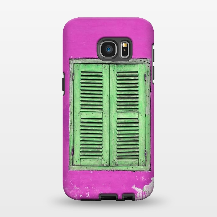 Galaxy S7 EDGE StrongFit Turquoise Green Shutters In Pink Wall by Andrea Haase
