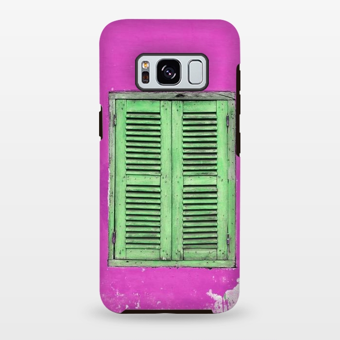 Galaxy S8 plus StrongFit Turquoise Green Shutters In Pink Wall by Andrea Haase