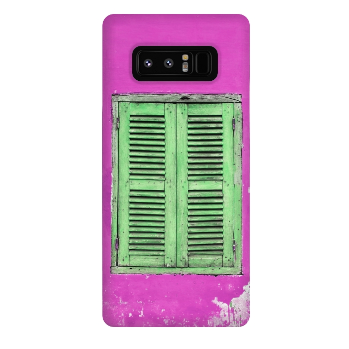 Galaxy Note 8 StrongFit Turquoise Green Shutters In Pink Wall by Andrea Haase