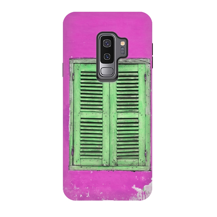 Galaxy S9 plus StrongFit Turquoise Green Shutters In Pink Wall by Andrea Haase
