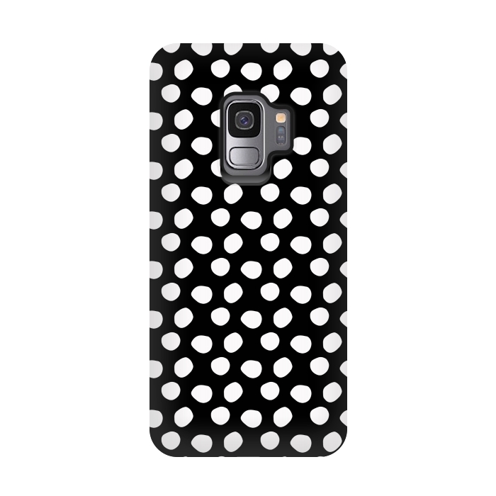 Galaxy S9 StrongFit Hand drawn white polka dots on black by DaDo ART