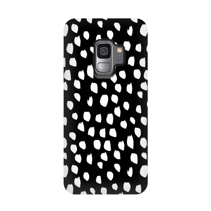 Galaxy S9 StrongFit Hand drawn crazy white polka dots on black by DaDo ART