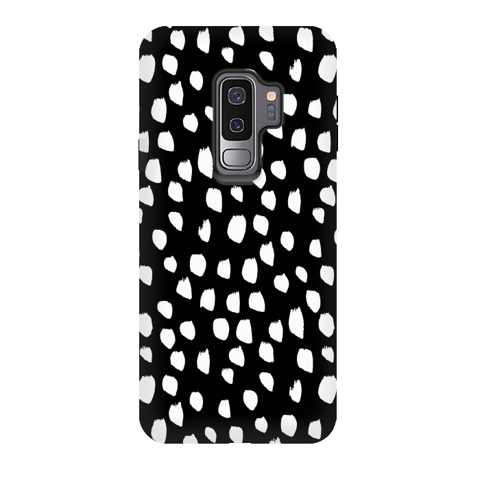 Galaxy S9 plus StrongFit Hand drawn crazy white polka dots on black by DaDo ART