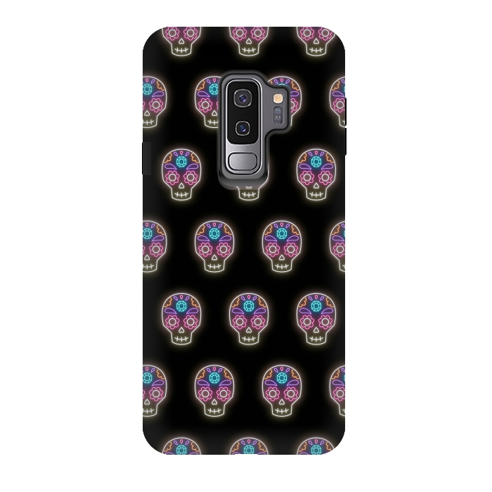 Galaxy S9 plus StrongFit Neon sugar skull pattern by Laura Nagel