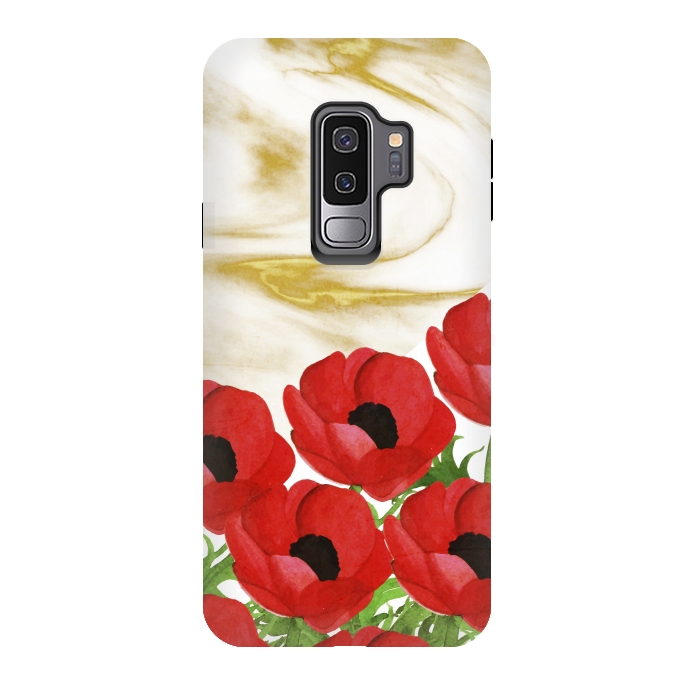 Galaxy S9 plus StrongFit Red Flowers on Marbel by Rossy Villarreal