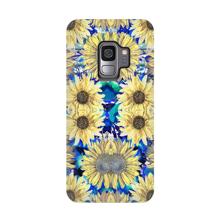 Galaxy S9 StrongFit Watercolor painted sunflowers and blue foliage by Oana 