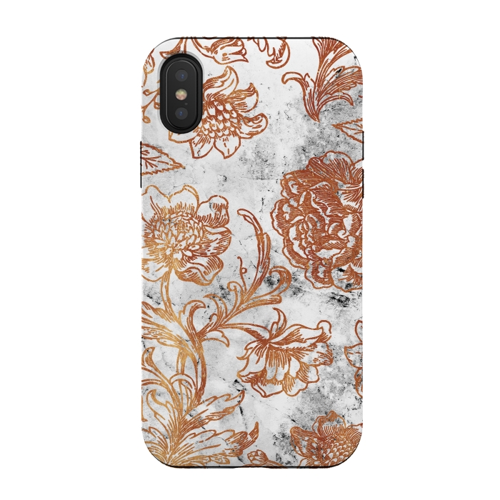 iPhone Xs / X StrongFit Golden flowers line art on white marble by Oana 