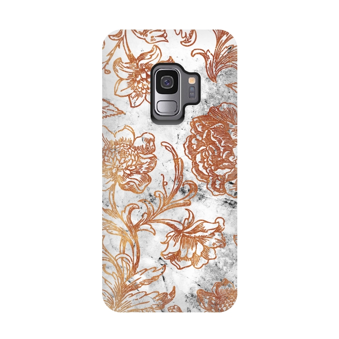 Galaxy S9 StrongFit Golden flowers line art on white marble by Oana 