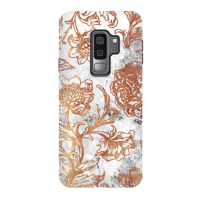 Galaxy S9 plus StrongFit Golden flowers line art on white marble by Oana 
