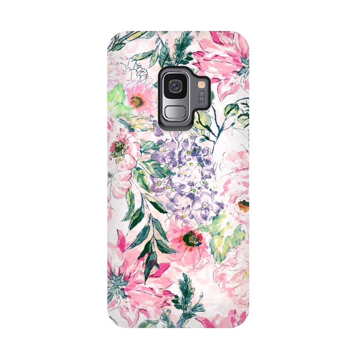 Galaxy S9 StrongFit Boho chic watercolor pink floral hand paint by InovArts