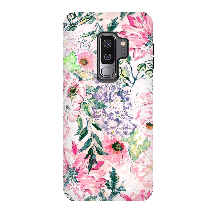Galaxy S9 plus StrongFit Boho chic watercolor pink floral hand paint by InovArts