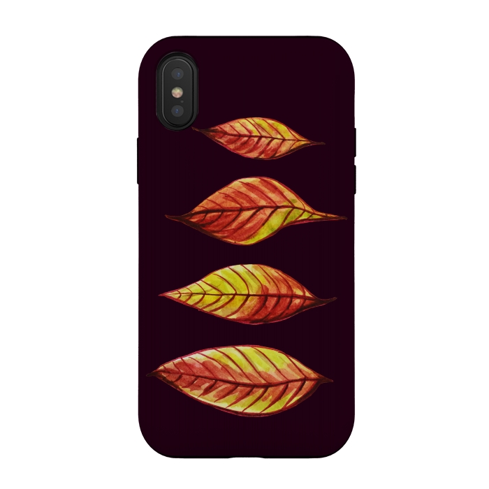 iPhone Xs / X StrongFit Four Red Yellow Ink Watercolor Painted Autumn Leaves by Boriana Giormova