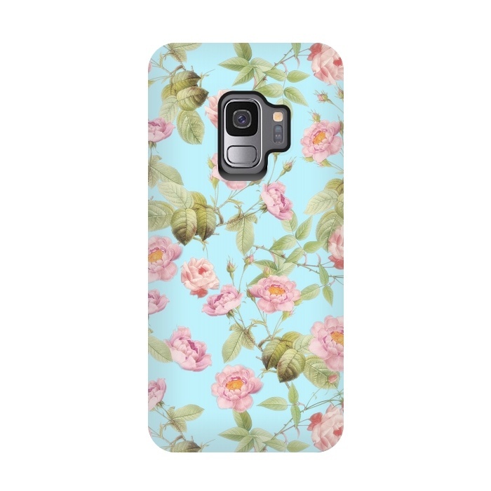 Galaxy S9 StrongFit Pastel Teal and Pink Roses Pattern by  Utart