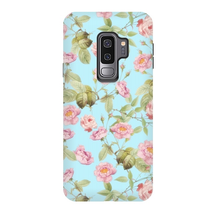 Galaxy S9 plus StrongFit Pastel Teal and Pink Roses Pattern by  Utart