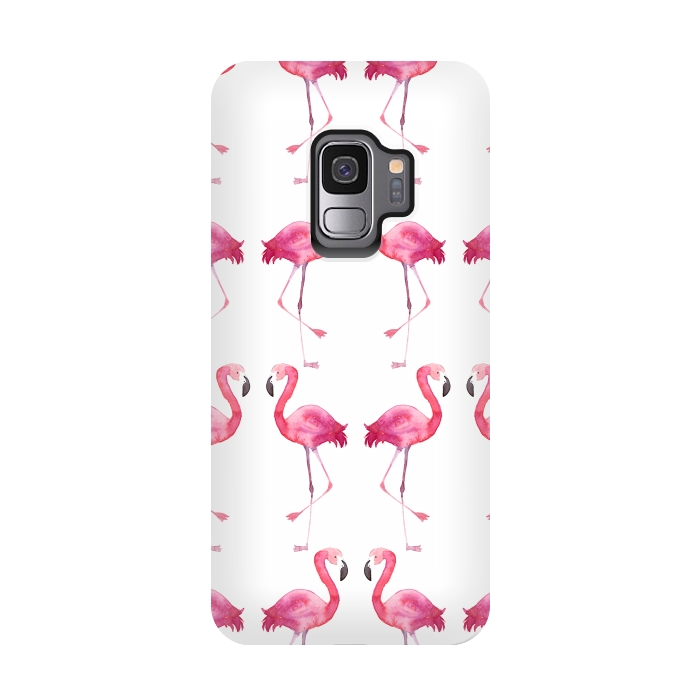 Galaxy S9 StrongFit Pink Watercolor Flamingo Print by Becky Starsmore