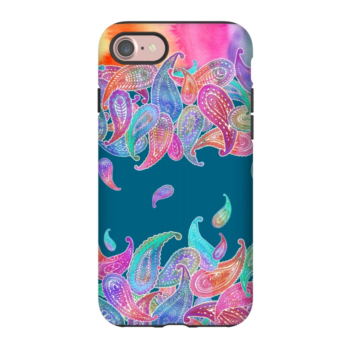 iPhone 7 StrongFit Rainbow Paisley Rain on Blue by Micklyn Le Feuvre