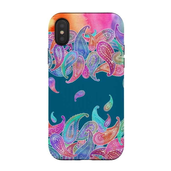 iPhone Xs / X StrongFit Rainbow Paisley Rain on Blue by Micklyn Le Feuvre