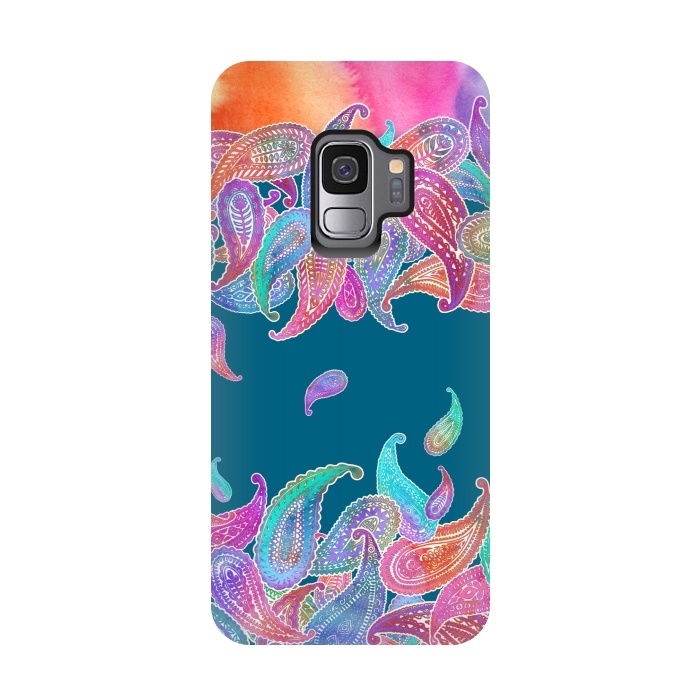 Galaxy S9 StrongFit Rainbow Paisley Rain on Blue by Micklyn Le Feuvre