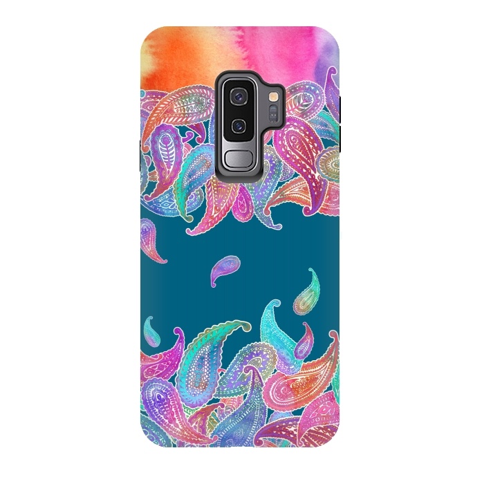 Galaxy S9 plus StrongFit Rainbow Paisley Rain on Blue by Micklyn Le Feuvre