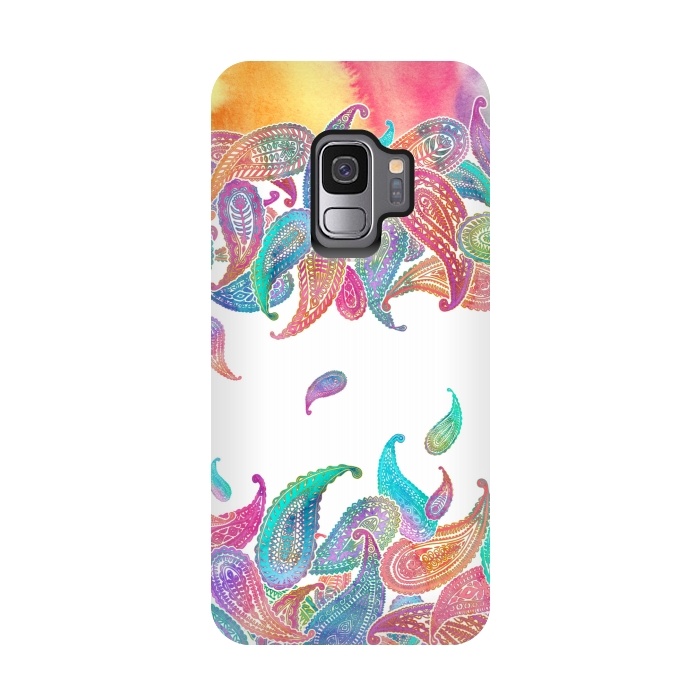 Galaxy S9 StrongFit Rainbow Paisley Rain on White by Micklyn Le Feuvre