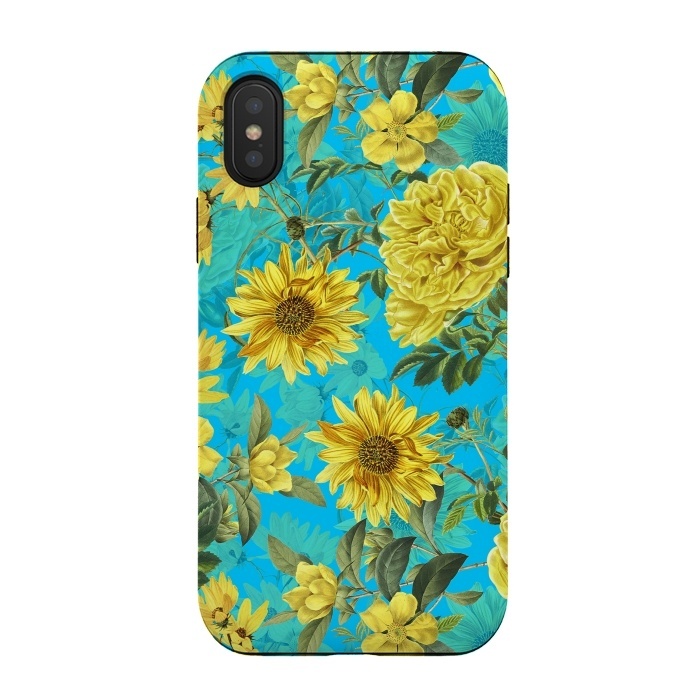 iPhone Xs / X StrongFit Sunflowers and Yellow Roses on Teal Pattern by  Utart