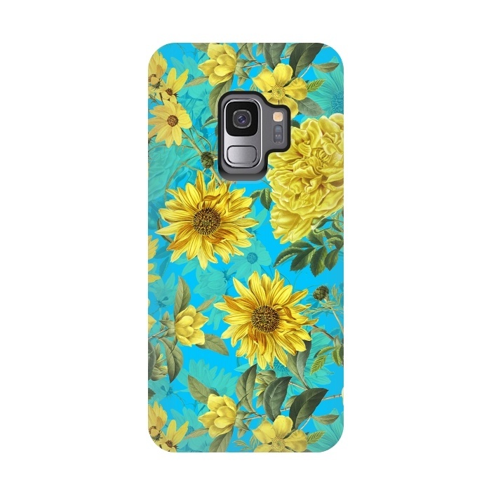 Galaxy S9 StrongFit Sunflowers and Yellow Roses on Teal Pattern by  Utart