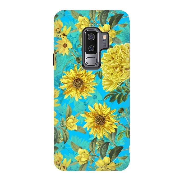 Galaxy S9 plus StrongFit Sunflowers and Yellow Roses on Teal Pattern by  Utart