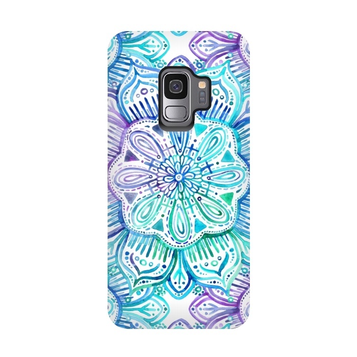 Galaxy S9 StrongFit Iridescent Aqua and Purple Watercolor Mandala by Micklyn Le Feuvre