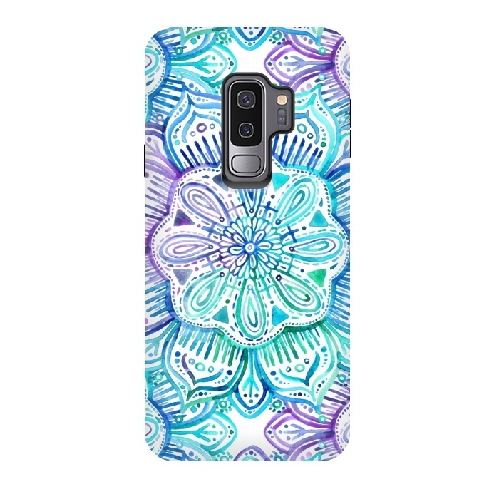 Galaxy S9 plus StrongFit Iridescent Aqua and Purple Watercolor Mandala by Micklyn Le Feuvre