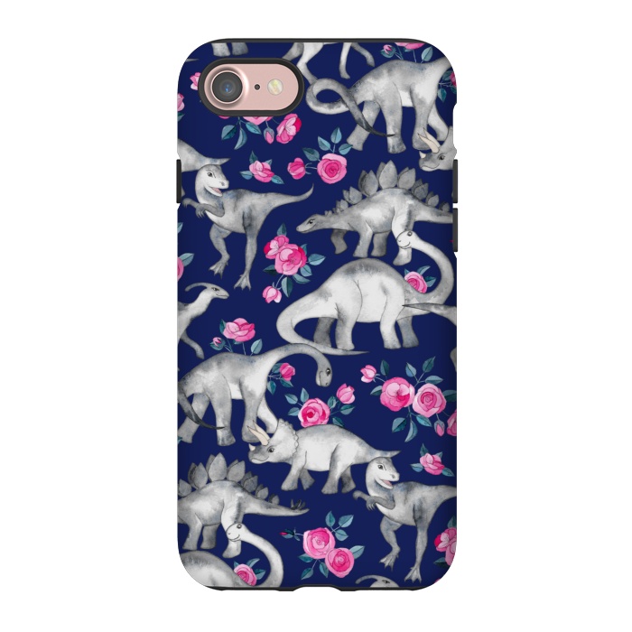 iPhone 7 StrongFit Dinosaurs and Roses on Dark Blue Purple by Micklyn Le Feuvre