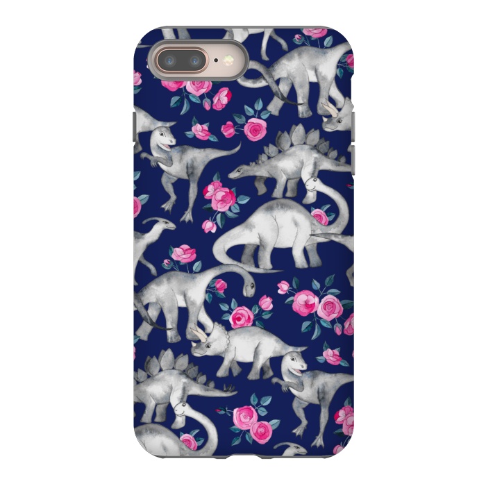 iPhone 7 plus StrongFit Dinosaurs and Roses on Dark Blue Purple by Micklyn Le Feuvre