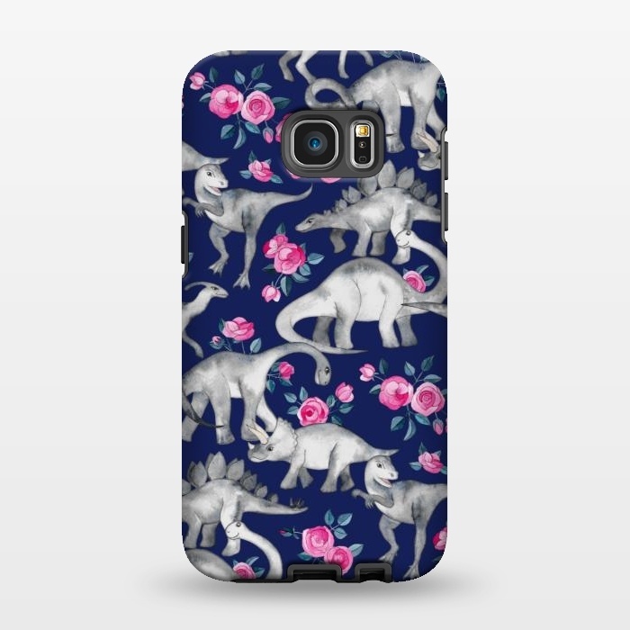Galaxy S7 EDGE StrongFit Dinosaurs and Roses on Dark Blue Purple by Micklyn Le Feuvre