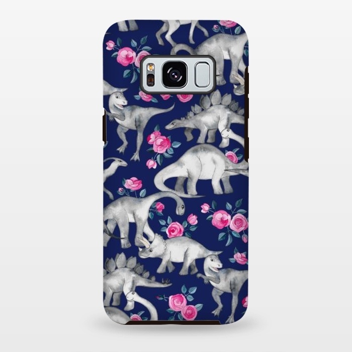 Galaxy S8 plus StrongFit Dinosaurs and Roses on Dark Blue Purple by Micklyn Le Feuvre