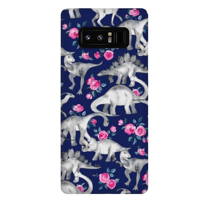 Galaxy Note 8 StrongFit Dinosaurs and Roses on Dark Blue Purple by Micklyn Le Feuvre