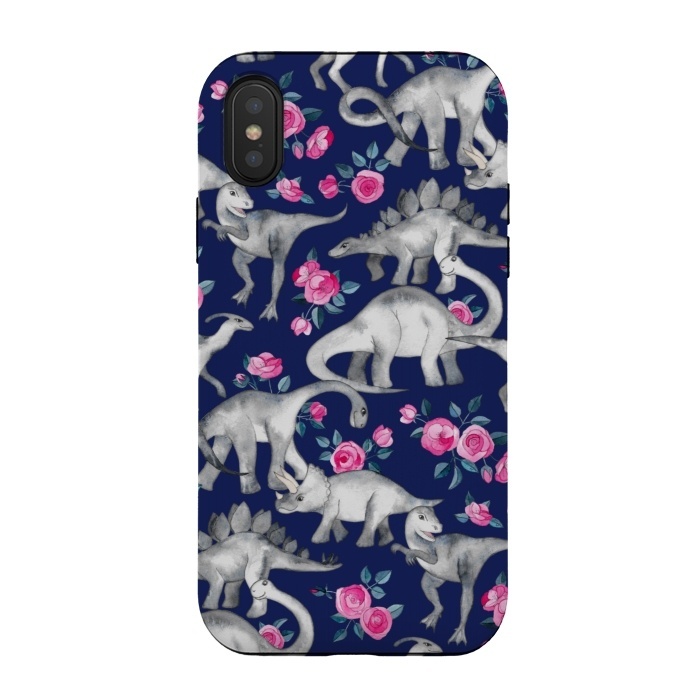iPhone Xs / X StrongFit Dinosaurs and Roses on Dark Blue Purple by Micklyn Le Feuvre